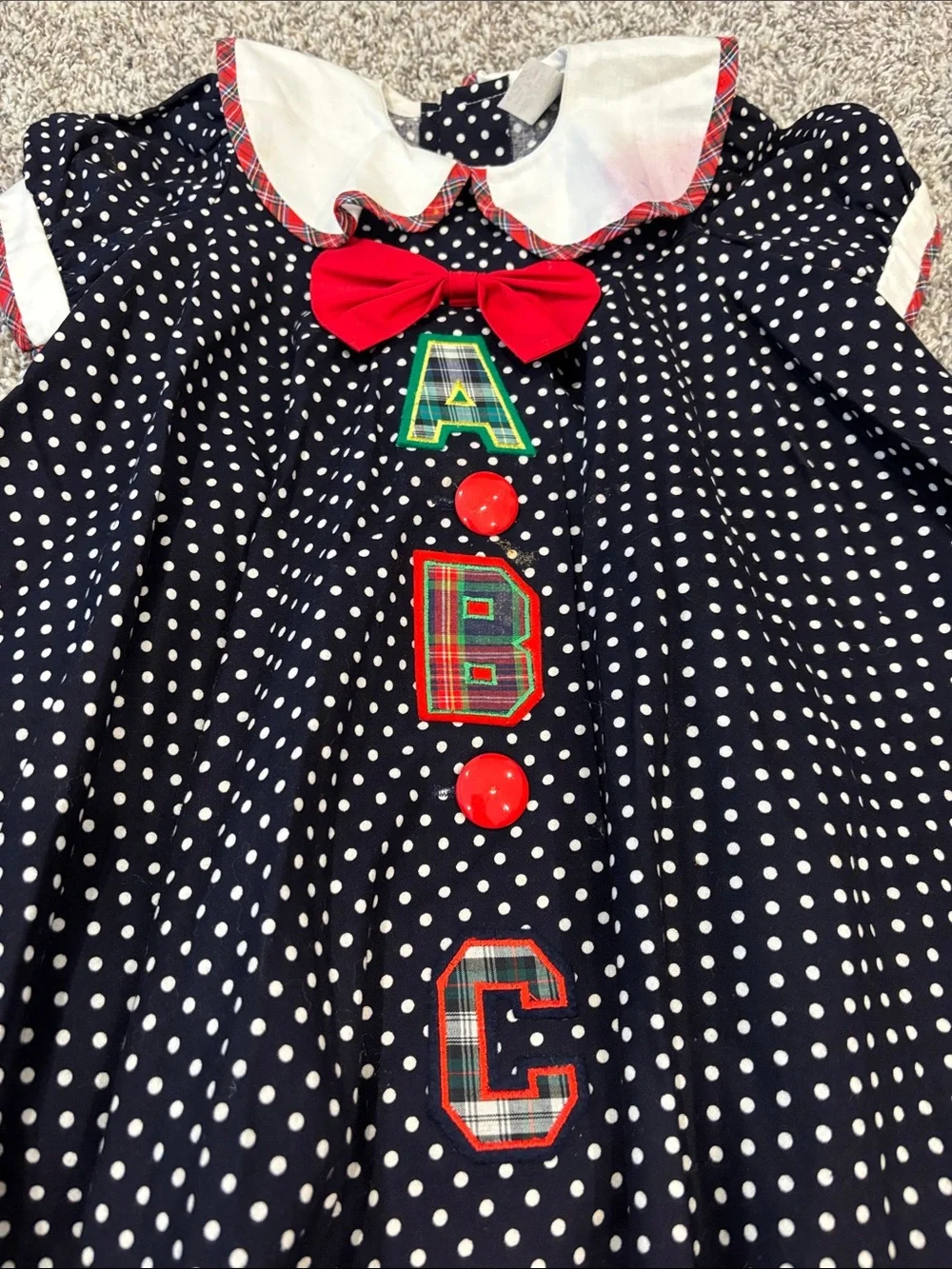 Vintage Peaches & Cream Navy Polka Dot ABC Bow Trim Kids Dress